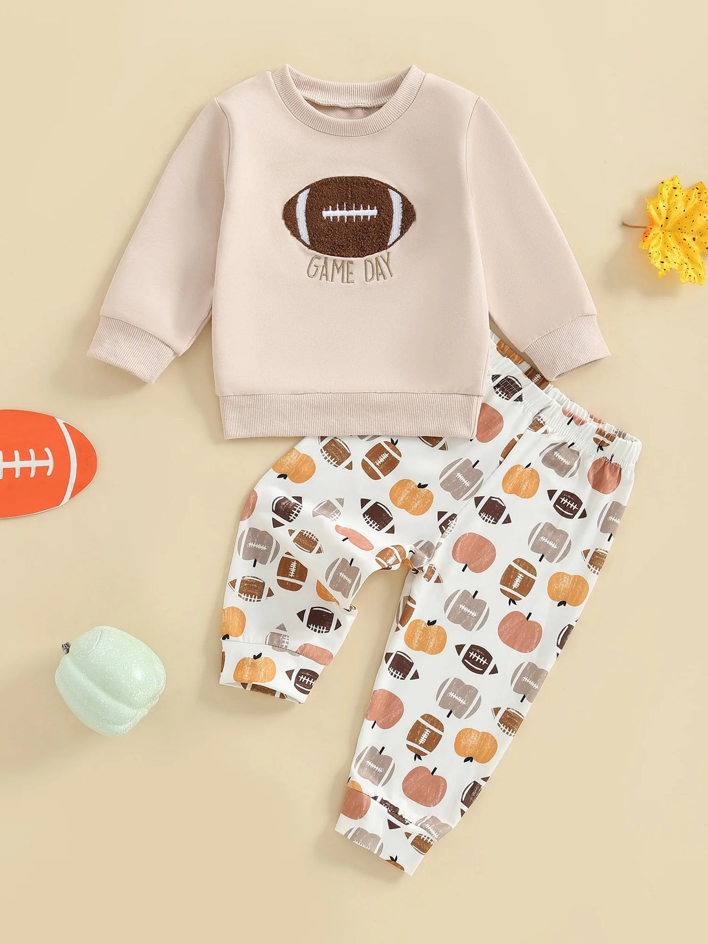 Baby Toddler Boys 2Pcs Game Day Fall Set Long Sleeve Football Embroidery Pullover Top and Pumpkin Print Pants Outfit