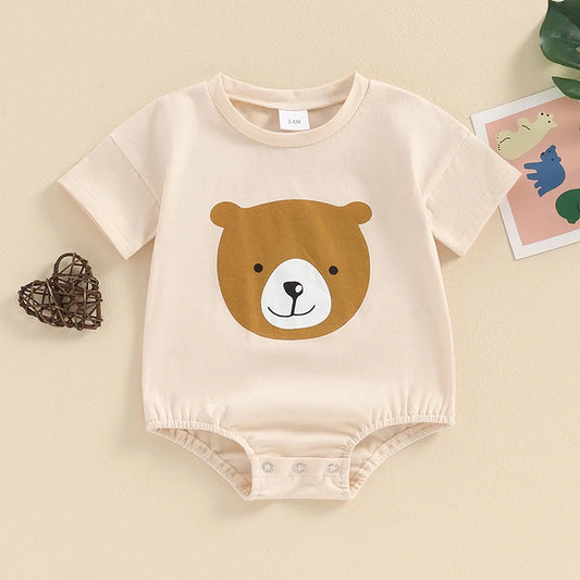 Baby Boy Girl Romper Bear Print Short Sleeve Crew Neck Neutral Jumpsuit