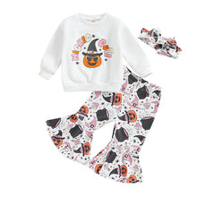 Load image into Gallery viewer, Baby Toddler Kids Girls 3Pcs Halloween Outfit Set Long Sleeve Top Wicked Cute Pumpkin Print Bell Bottom Flare Pants and Headband
