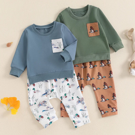 Baby Toddler Boys 2Pcs Outfit Round Neck Long Sleeve Top with Pocket and Wild Duck Bird Print Long Pants Jogger Set