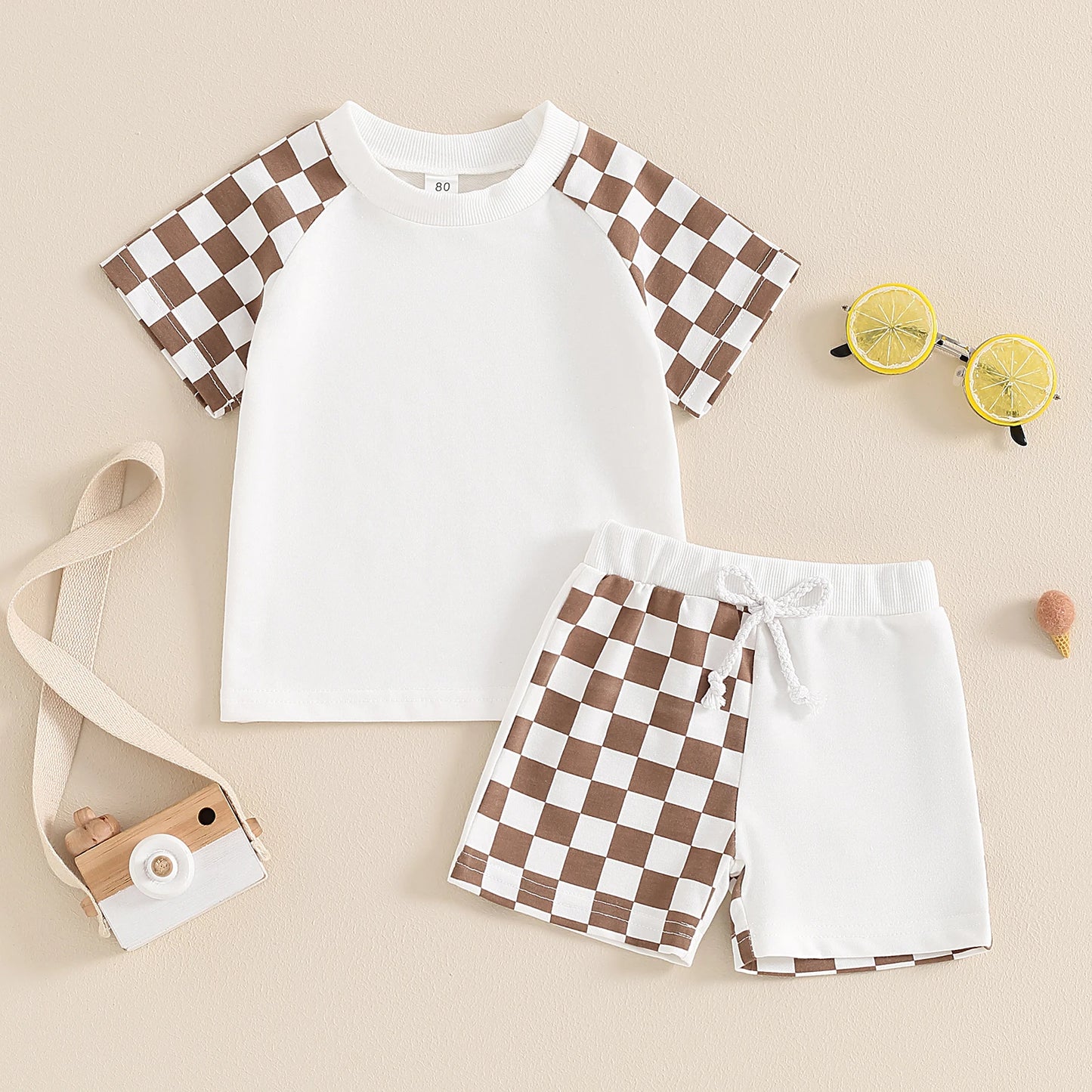 Baby Toddler Kids Boys 2Pcs Set Plaid Checker Short Sleeve Crew Neck Top with Elastic Waist Shorts Set Summer Outfit