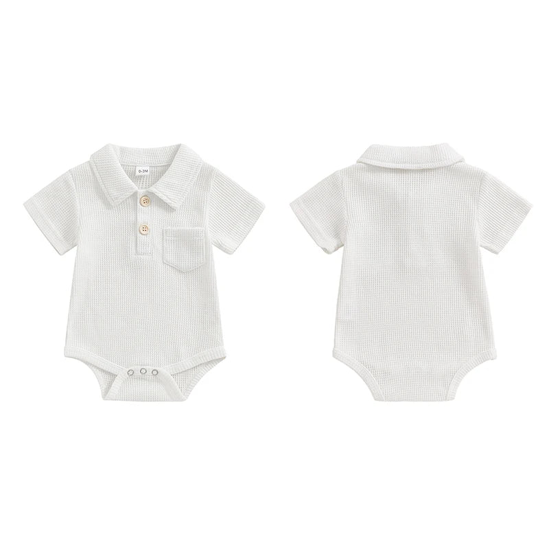 Baby Boys Romper Short Sleeve Lapel Button Up Collar Pocket Solid Color Waffle Casual Bodysuit