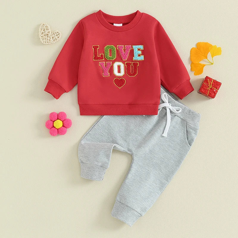 Toddler Baby Boys Girls 2Pcs Valentine's Day Outfits Letter Fuzzy LOVE YOU heart Embroidered Long Sleeve Top With Pants Set