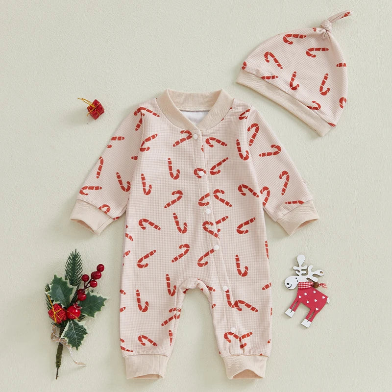 Baby Girl Boy 2Pcs Christmas Romper Candy Cane Print Long Sleeve Full Length Jumpsuit with Beanie Hat Set Outfit