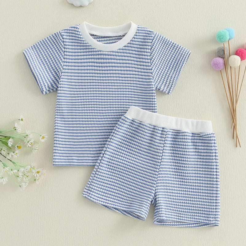 Baby Toddler Girl Boys 2Pcs Summer Outfit Waffle Striped Short Sleeve T-shirt Top Elastic Waist Shorts Set