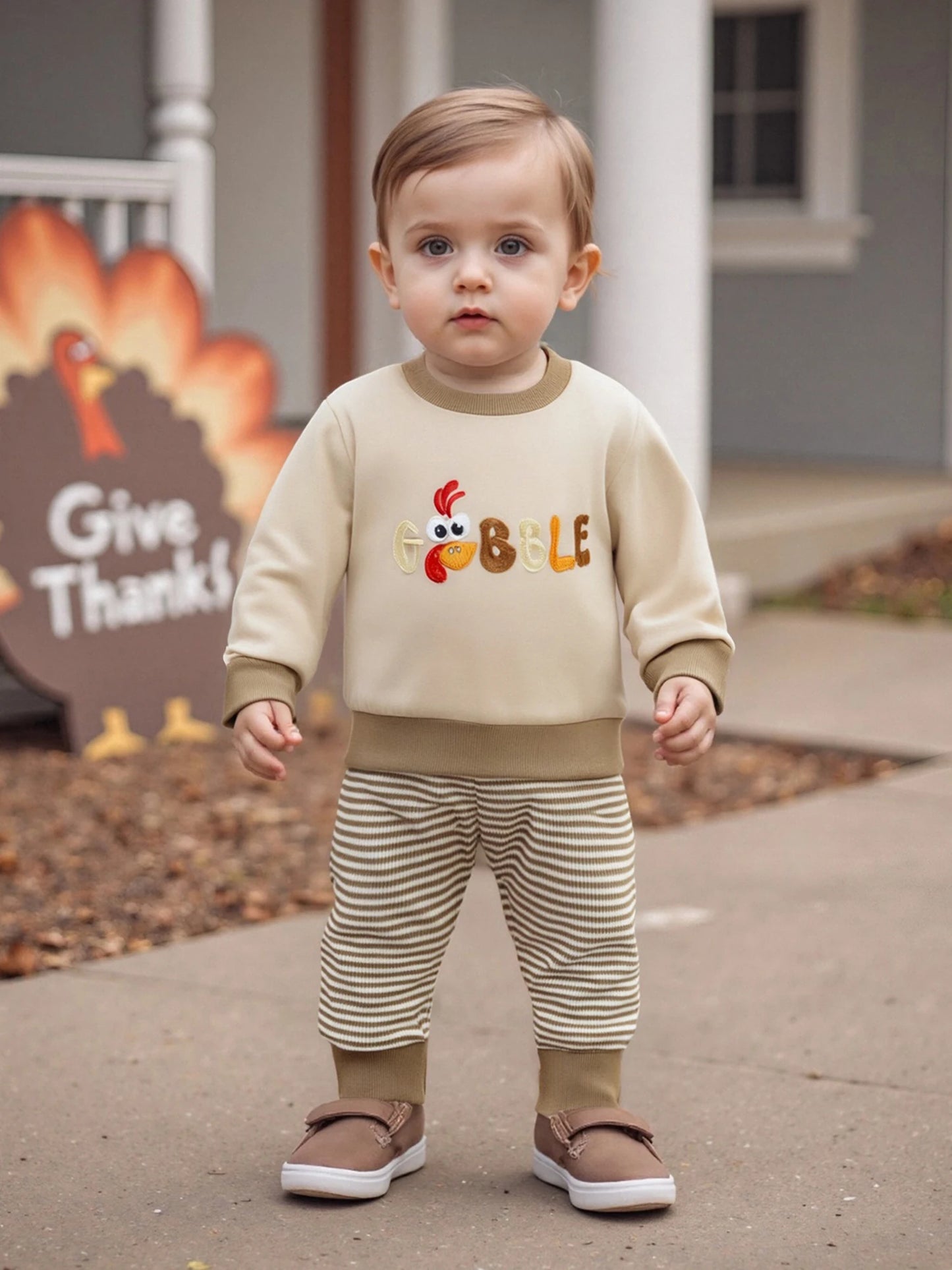 Baby Toddler Boys 2Pcs Jogger Set Long Sleeve Crew Neck Embroidery Gobble Turkey Top with Striped Pants Thanksgiving Clothes