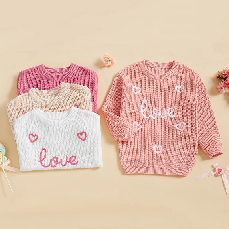 Toddler Kids Girls Pullover Sweater Casual Valentine s Day Letter Love Heart Embroidery Infant Knitwear Warm Clothes