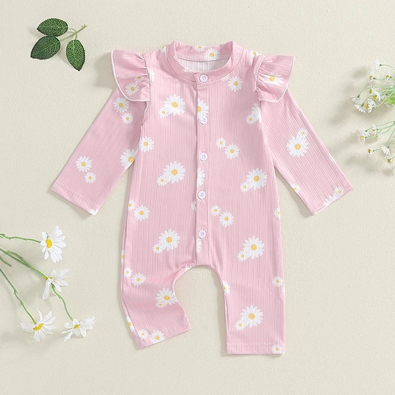 Baby Girls Button Romper Daisy Flower Print Ruffles Long Sleeve Jumpsuit