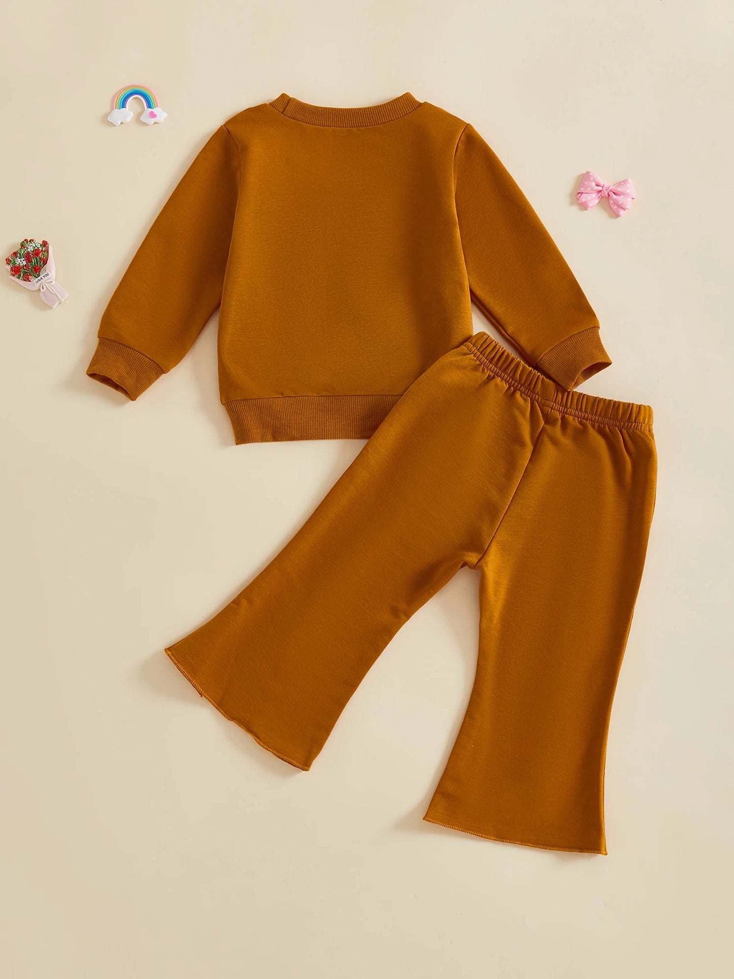 Baby Toddler Girl 2Pcs Fall Outfit Bow Decor Long Sleeve Round Neck Pullover Top + Elastic Waist Flare Pants 2Pcs Set