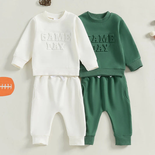 Baby Toddler Boys Girls 2Pcs GAME DAY Jogger Set Long Sleeve O-Neck Letter Top with Elastic Waist Pants Fall Outfit