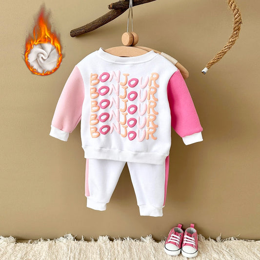 Baby Toddler Boys Girls 2Pcs Bonjour Jogger Set Outfit Letter Print Long Sleeve Top + Pants