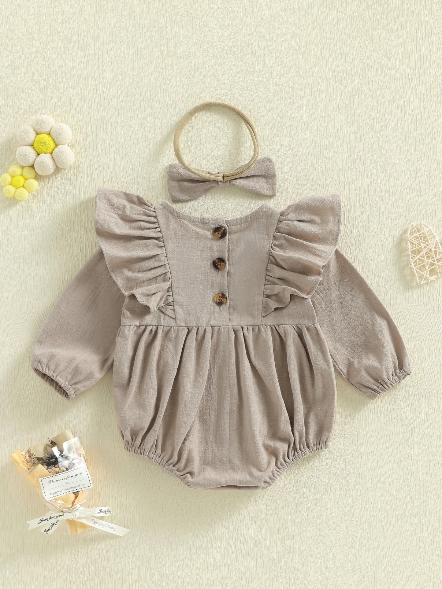Baby Girl 2Pcs Spring Romper Solid Color Long Sleeves Round Neck Ruffled Bodysuit and Matching Bow Headband Set