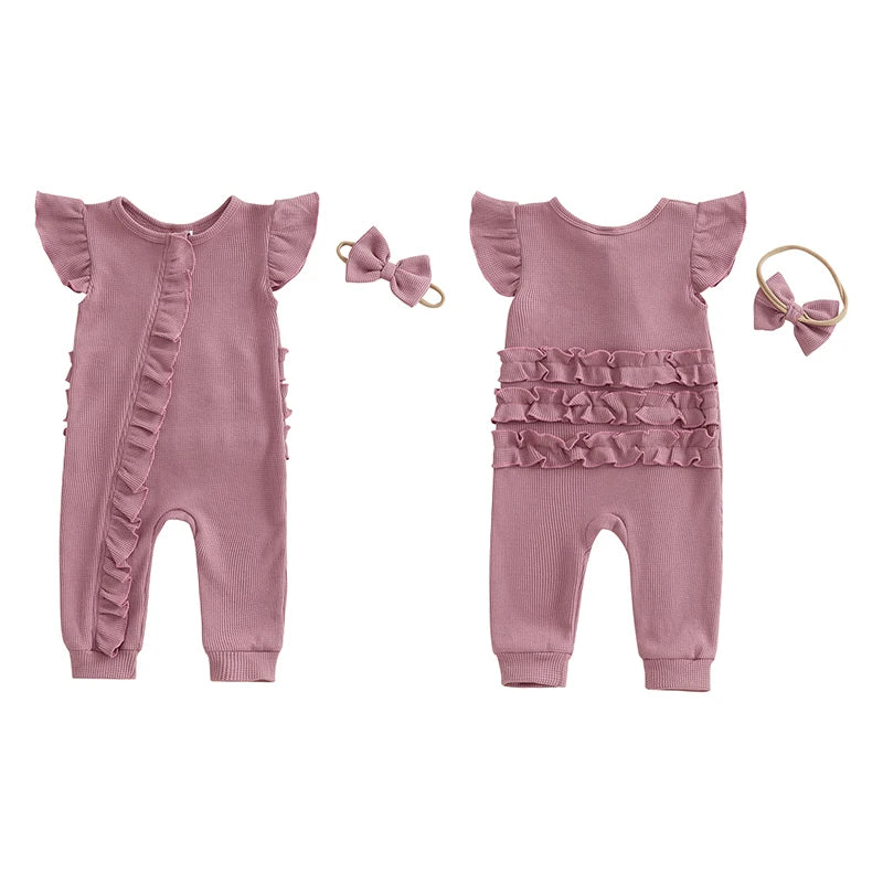 Baby Girl 2Pcs Spring Summer Outfit Ruffle Sleeveless Short Sleeve Zip Up Jumpsuit Zipper Romper with Headband Bow Set Clothes