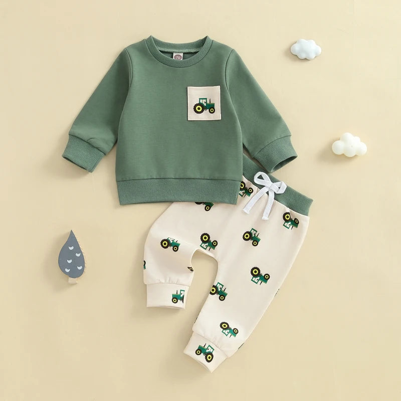 Baby Toddler Boy 2Pcs Spring Outfit Tractor Long Sleeve Crewneck Top Long Pants Jogger Set Farm Clothes