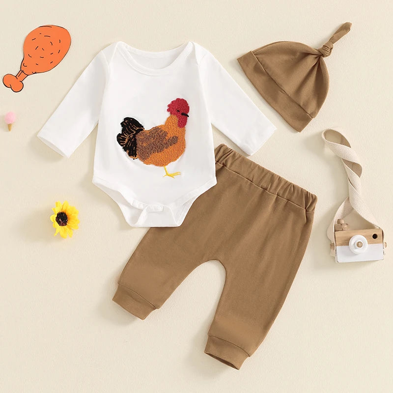 Baby Boy Girl 3Pcs Fall Outfit Chicken Embroidery Long Sleeve Romper Elastic Waist Pants Hat Clothes Set