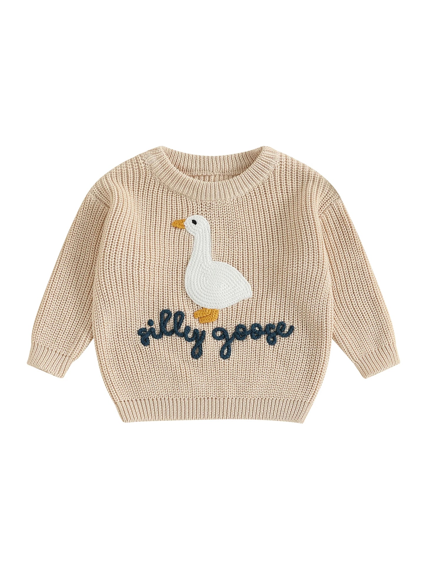 Baby Toddler Boys Girls Silly Goose Sweater Animal Letter Embroidered Crewneck Long Sleeve Pullover Knit Top