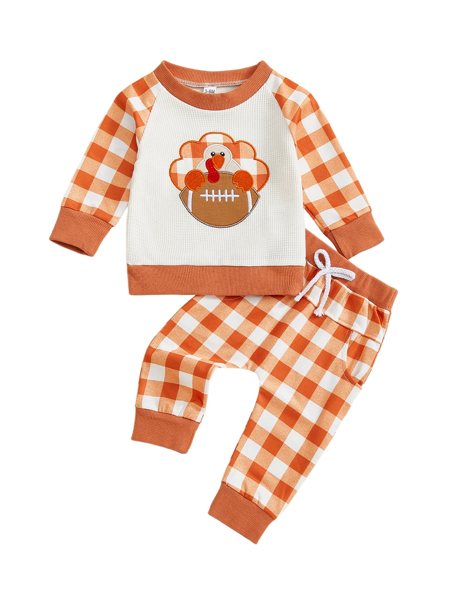 Baby Toddler Boys 2Pcs Plaid Jogger Set Fall Turkey Football Pattern Long Sleeve Round Neck Pullover Top Pants Thanksgiving Outfits