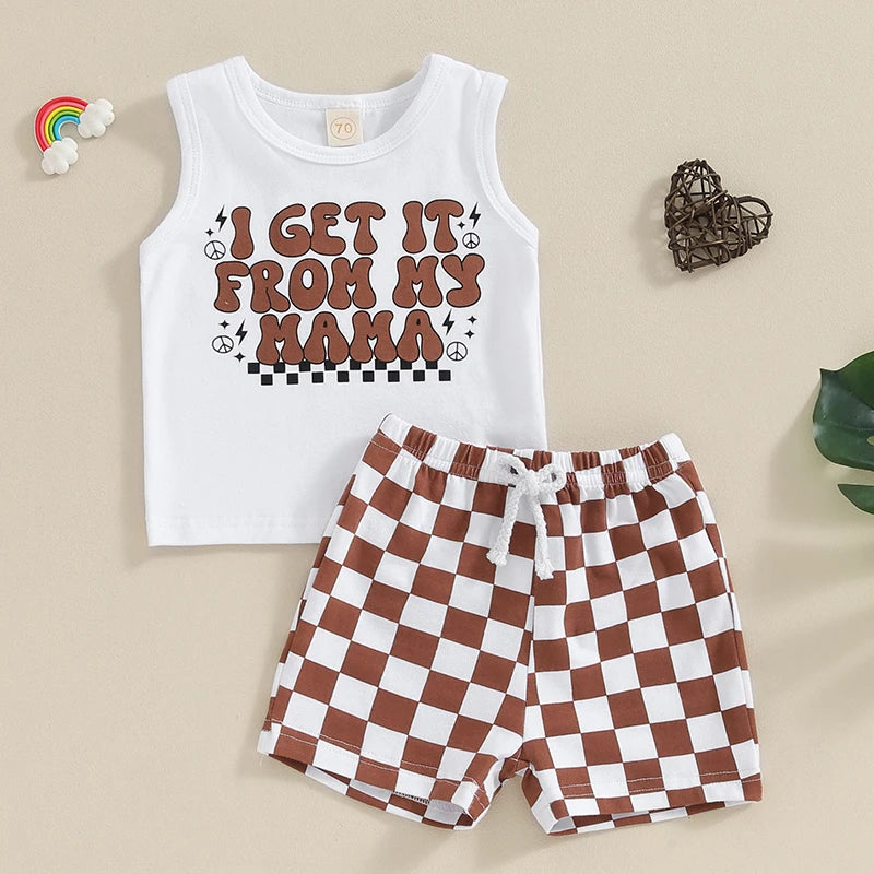 Baby Toddler Boy Girl 2Pcs Outfits I Get It From My Mama Letter Print Sleeveless Tank Top and Checkerboard Shorts Set Clothes