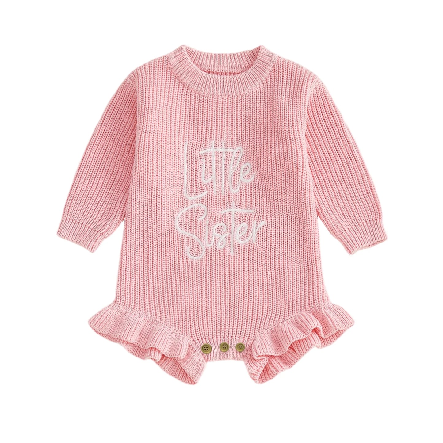 Baby Girl Sweater Romper Little Sister Long Sleeve Round Neck Letter Embroidery Knit Bodysuit