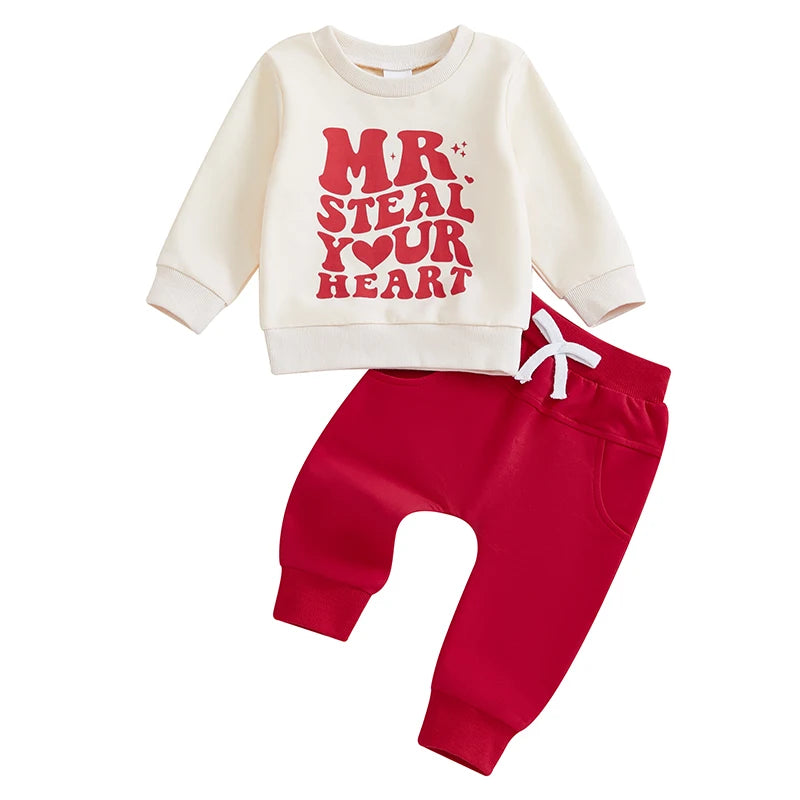 Baby Toddler Boys 2Pcs Valentine's Day Outfit Mr. Steal Your Heart Letter Print Long Sleeve Crewneck Top and Elastic Pants Valentines Jogger Set