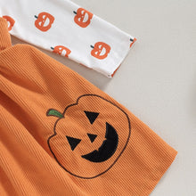 Load image into Gallery viewer, Baby Girls 3 Pcs Halloween Outfits Long Sleeve Pumpkin Romper Suspender Skirt Headband Set Clothes
