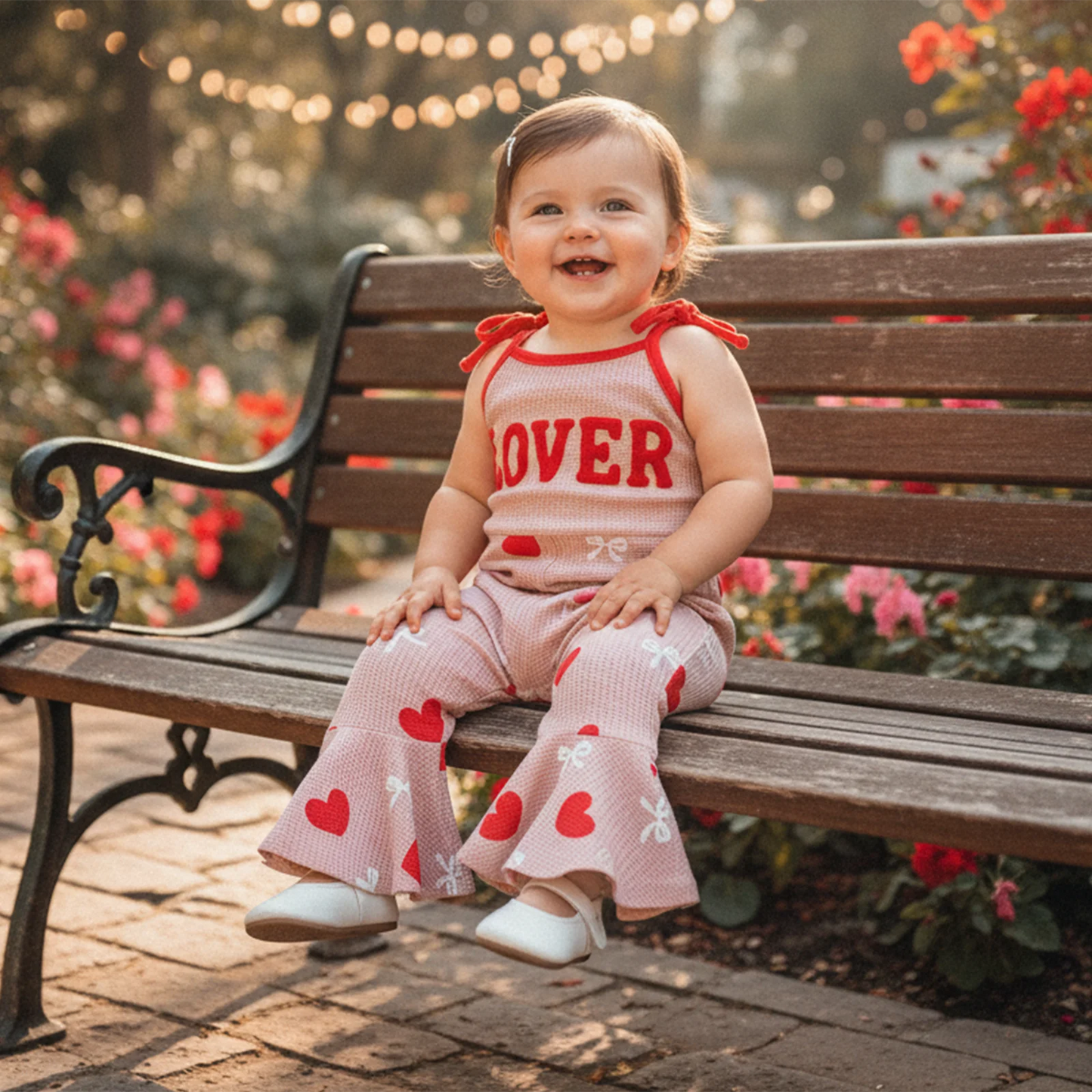 Baby Toddler Girls LOVER Valentine's Day Tank Top Flare Leg Overalls Jumpsuits Letter Embroidery Heart Print Bell Bottom Romper