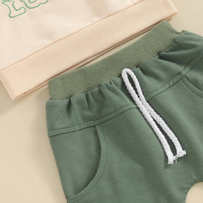 Baby Toddler Boys 2Pcs St. Patrick's Day Outfit Lucky Letter Embroidery Long Sleeve Top and Long Pants Clothes Set