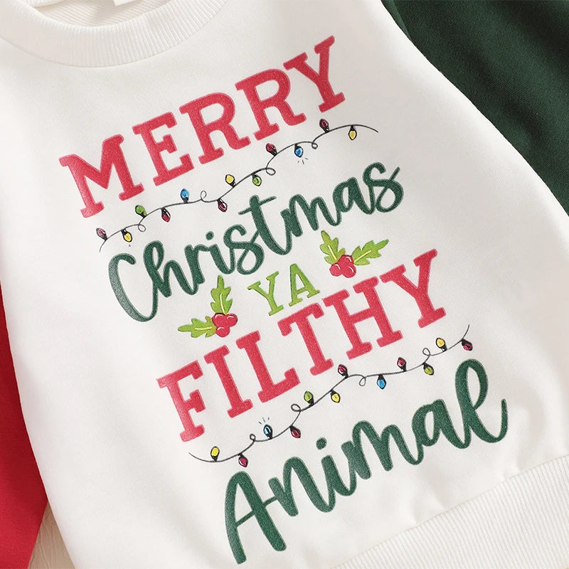 Baby Toddler Girls Boys Christmas Letter Santa Cookies Reindeer / Merry Christmas Ya Filthy Animal Long Sleeve Pullover Patchwork Top