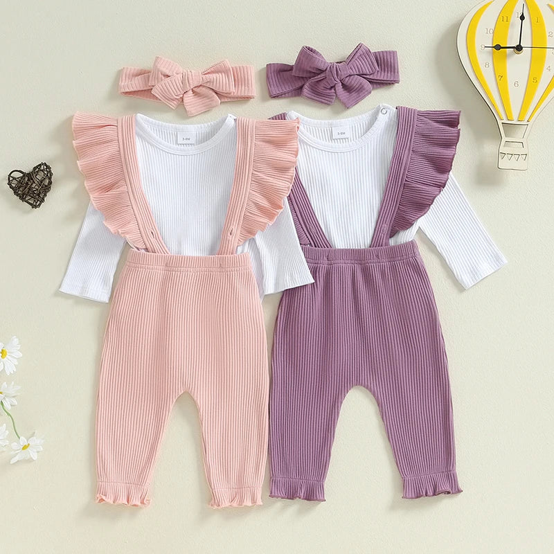 Baby Girls 3Pcs Ribbed Long Sleeve Romper with Ruffle Trim Overalls Pants Headband Set for Fall