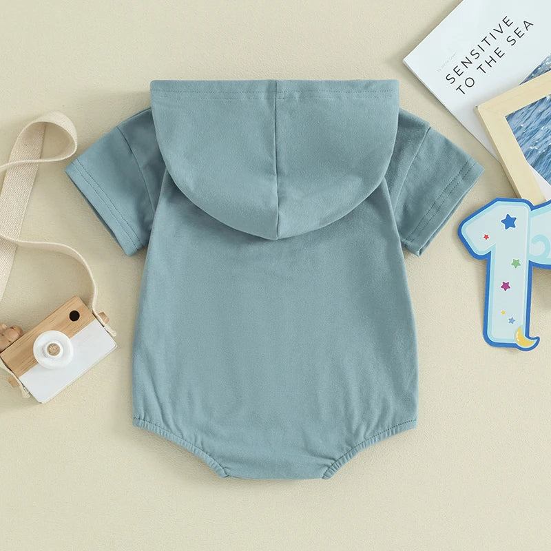 Baby Boy Girl Birthday Hooded Romper Short Sleeve ONE Letter Embroidery Casual Jumpsuits