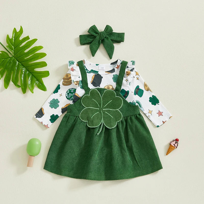 Baby Girls 3Pcs St. Patrick's Day Outfit Cartoon Print Ruffles Long Sleeve Romper and Four Leaf Clover Suspender Skirt Dress Headband Set