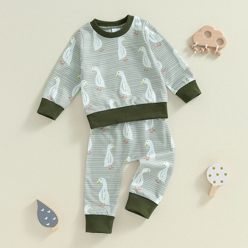 Baby Toddler Boys Girls 2Pcs Fall Outfit Duck Print Long Sleeve Top Elastic Waist Pants Set