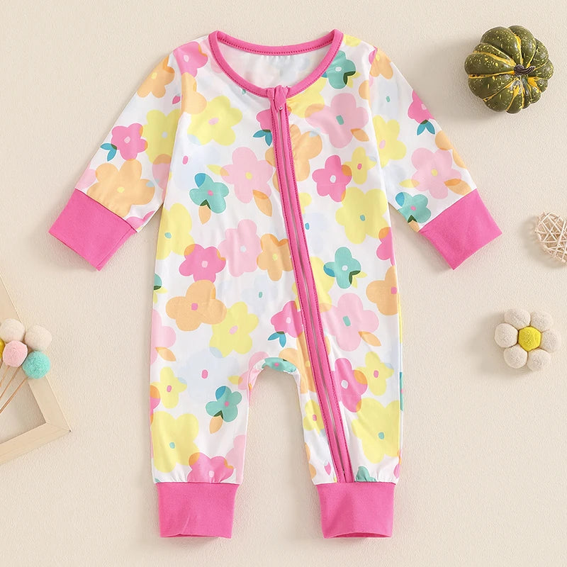 Baby Girls Jumpsuit Long Sleeve Crew Neck Flower Pumpkin Bow Print Zipper Romper