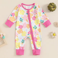 Load image into Gallery viewer, Baby Girls Jumpsuit Long Sleeve Crew Neck Flower Pumpkin Bow Print Zipper Romper
