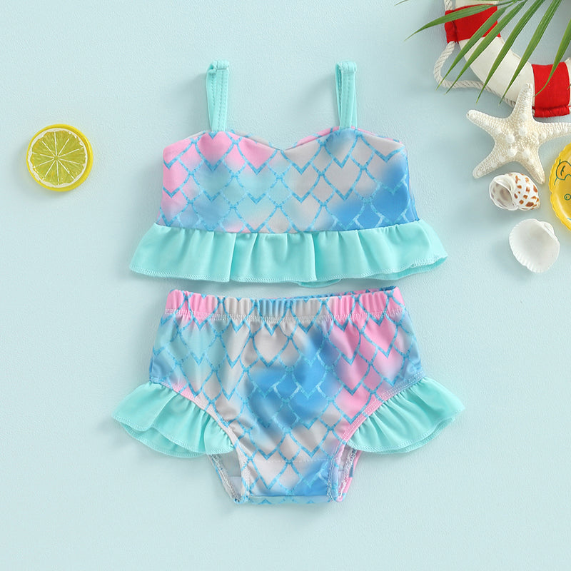 Baby Toddler Girls 2Pcs Bikini Sets Scale/Shell/Floral Print Sleeveless Tank Top and Bottoms Bathing Suit Set