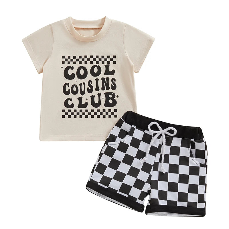 Baby Toddler Boy 2Pcs Cool Cousins Club Letter Print Top and Checkered Shorts Clothing Set Outfit