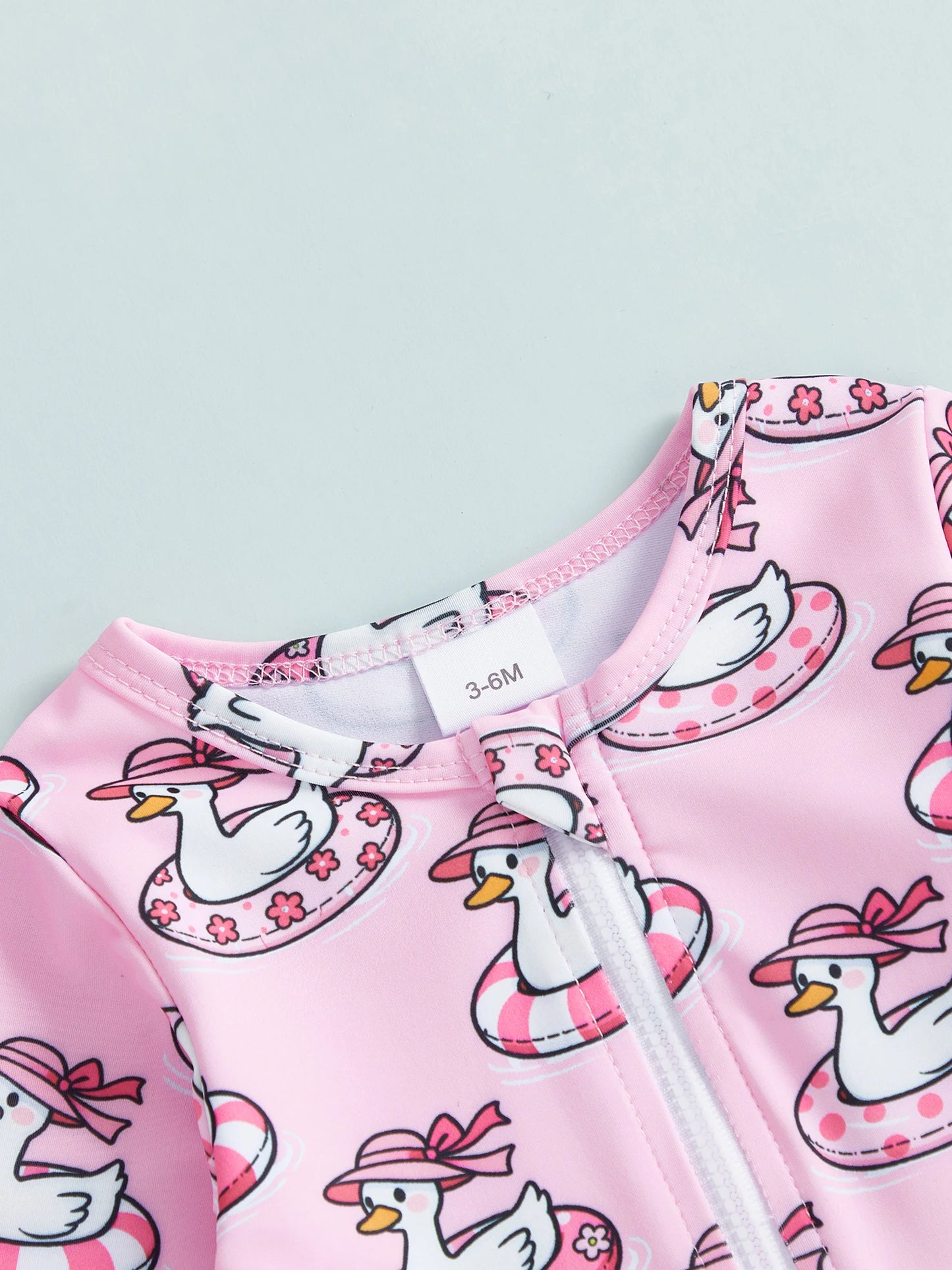 Baby Toddler Girls 2Pcs Swimsuit Set Duck/Shell Print Crew Neck Long Sleeve Zipper Rash Guard Swimwear and Sun Hat