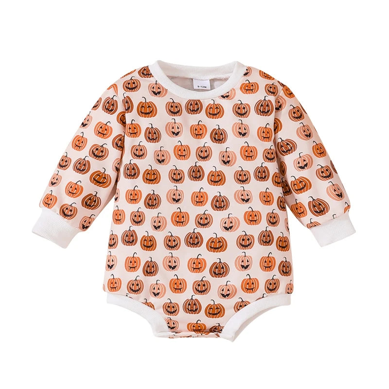 Baby Boys Girls Romper Long Sleeve Crew Neck Pumpkin Print Fall Bodysuit Halloween Jumpsuit