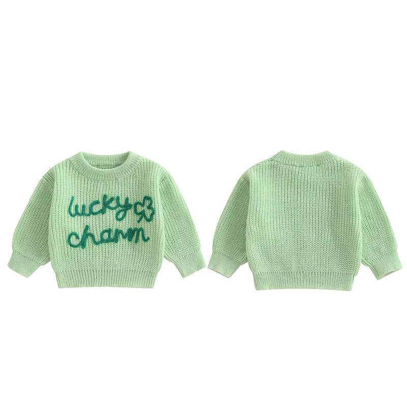 Baby Toddler Boys Girls Lucky Charm St. Patrick's Day Irish Sweater Shamrock Letter Embroidery Long Sleeve Crew Neck Knitwear Pullover Top