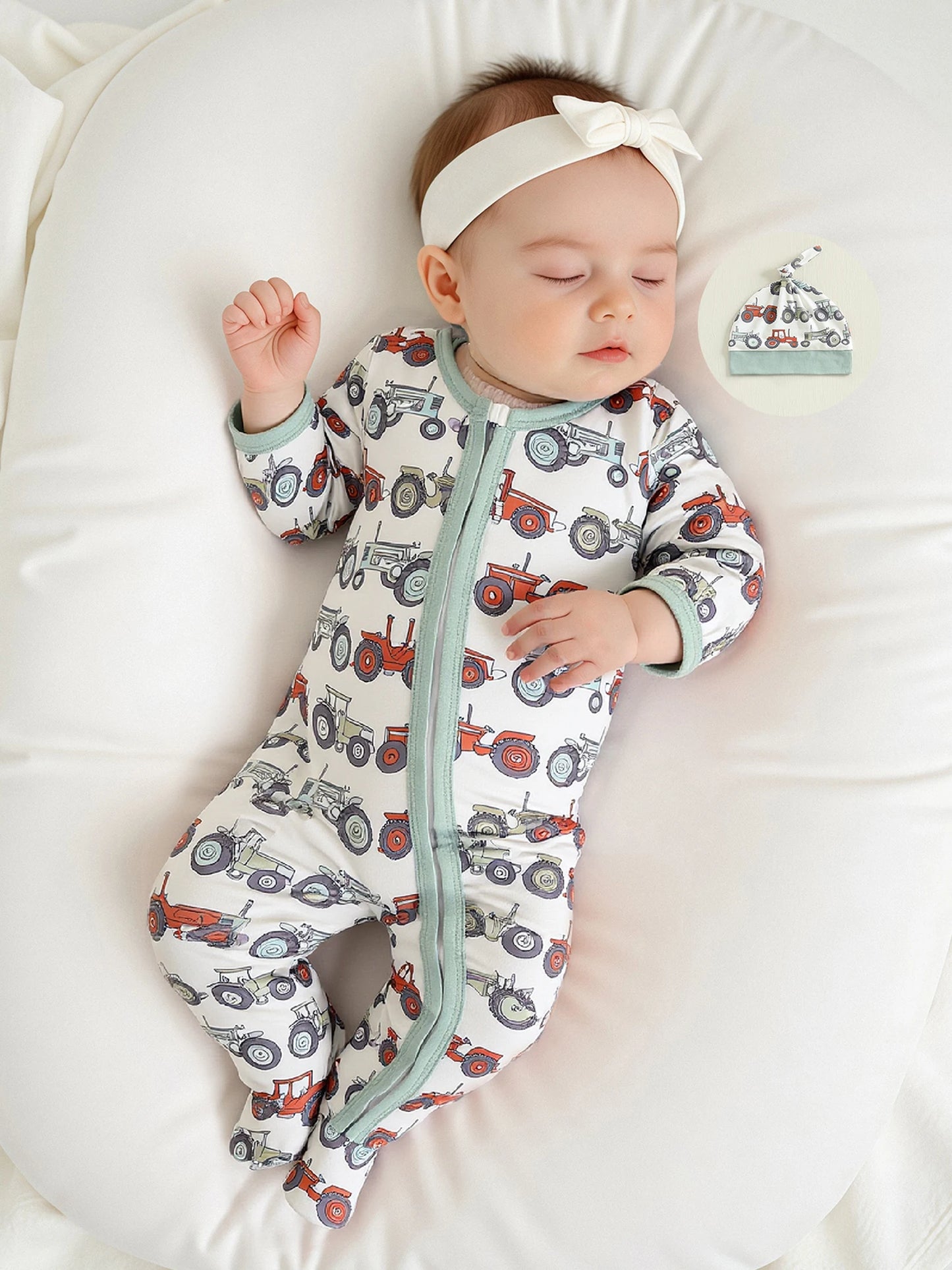 Baby Boys 2Pcs Fall Footed Romper Cute Tractor Pattern Round Neck Long Sleeve Zipper Jumpsuit with Hat Set