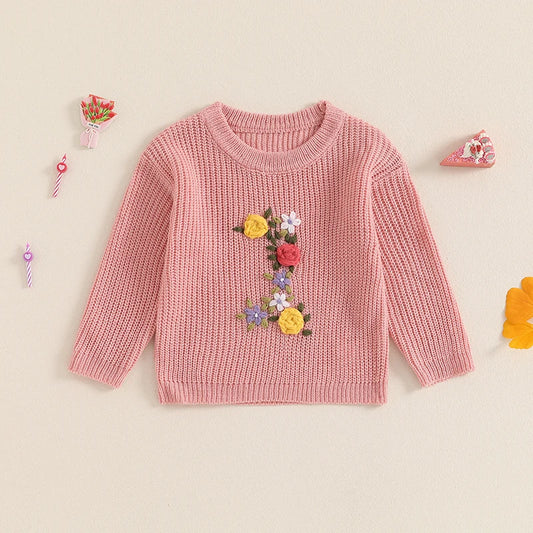 Baby Girls 1 One Year Old Birthday Knit Sweater Flower Embroidery Crew Neck Long Sleeve Pullover Top