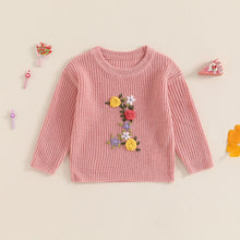 Load image into Gallery viewer, Baby Girls 1 One Year Old Birthday Knit Sweater Flower Embroidery Crew Neck Long Sleeve Pullover Top
