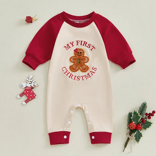 Baby Boys Girls My First Christmas Romper Letter Gingerbread Embroidery Long Sleeve Jumpsuit