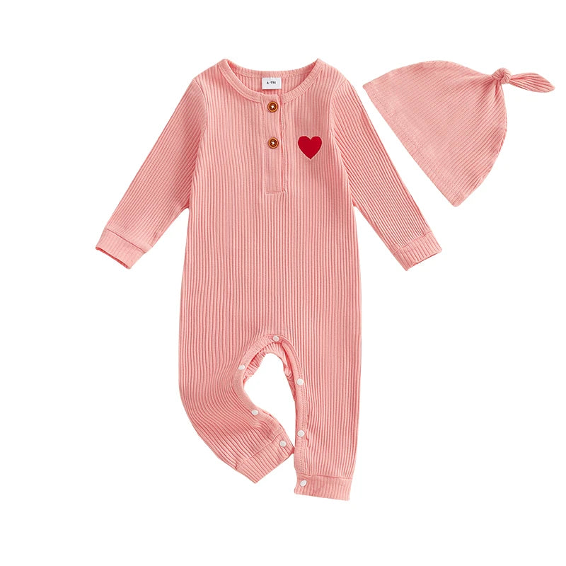 Baby Boys Girls 2Pcs Valentine's Day Heart Print Long Sleeve Ribbed Romper Hat Valentines Outfit Set