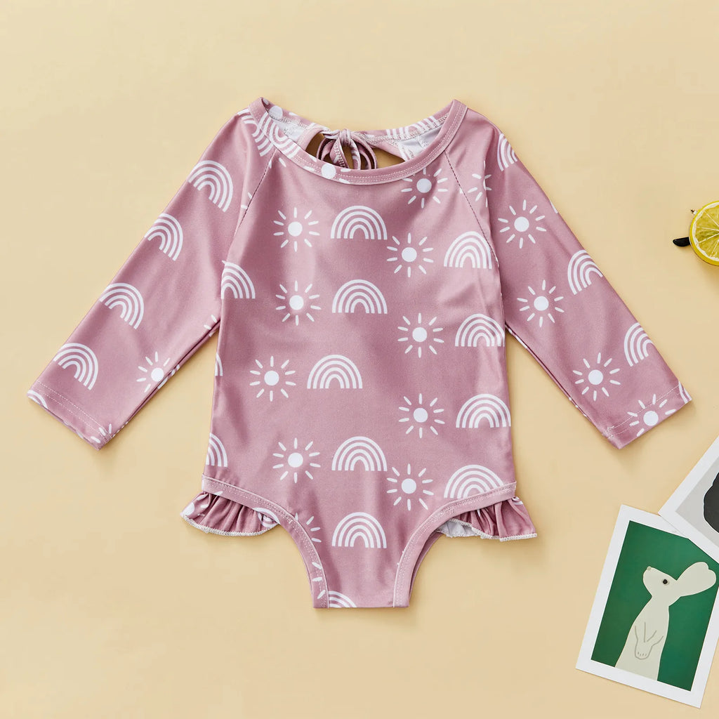 Long Sleeve Printed Ruffle Swimsuit