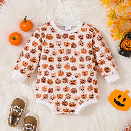 Baby Boys Girls Romper Long Sleeve Crew Neck Pumpkin Print Fall Bodysuit Halloween Jumpsuit