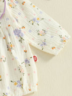 Baby Girl Fall Bubble Romper Floral Print Long Sleeve Frill Mock Neck Ruffled Jumpsuit