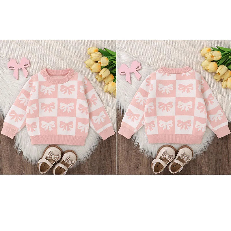 Baby Toddler Girls Sweater Bow Print Contrast Color Checkered Crew Neck Long Sleeve Baby Pullover Fall Top