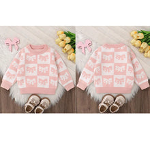 Load image into Gallery viewer, Baby Toddler Girls Sweater Bow Print Contrast Color Checkered Crew Neck Long Sleeve Baby Pullover Fall Top
