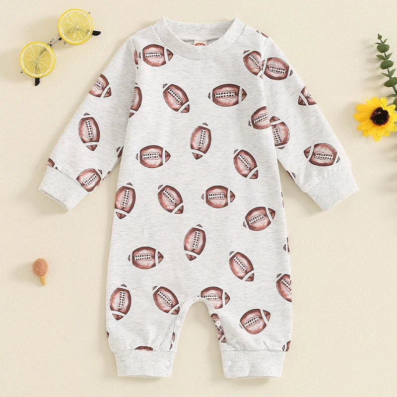 Baby Boys Girls Jumpsuit Long Sleeve Round Neck Football Print Romper